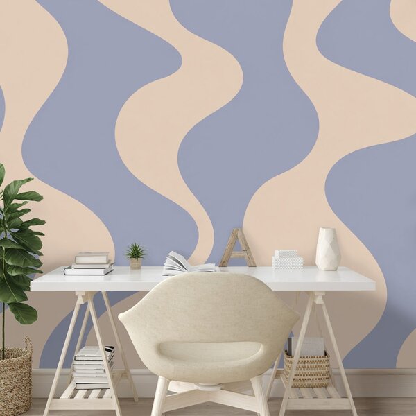 Carta da parati – Onde beige minimaliste su sfondo blu