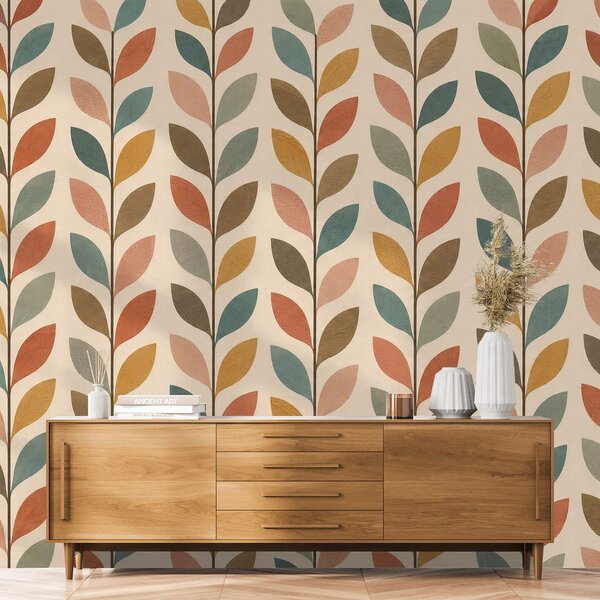 Carta da parati – Foglie colorate in stile scandinavo