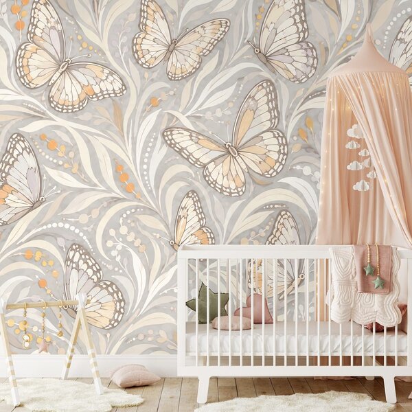 Carta da parati – Eleganti farfalle beige con foglie