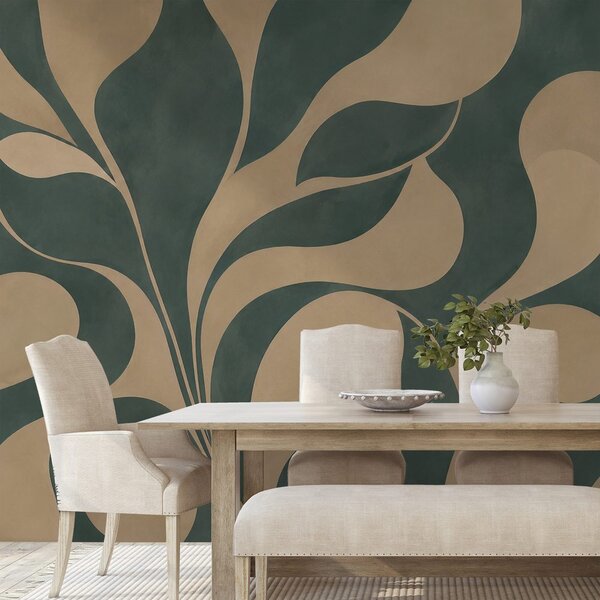 Carta da parati – Foglie beige astratte nel verde