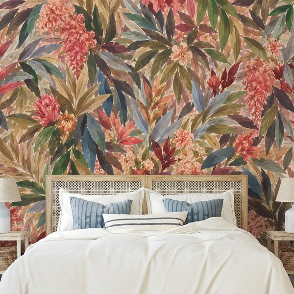 Carta da parati – Fiori tropicali e foglie colorate