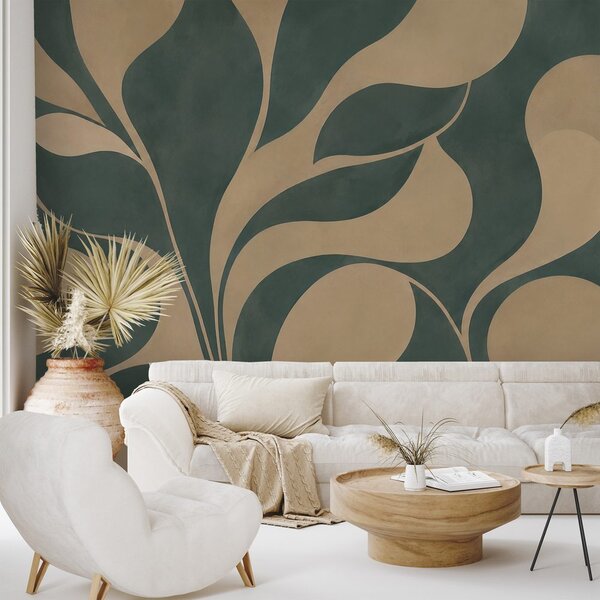 Carta da parati – Foglie beige astratte nel verde