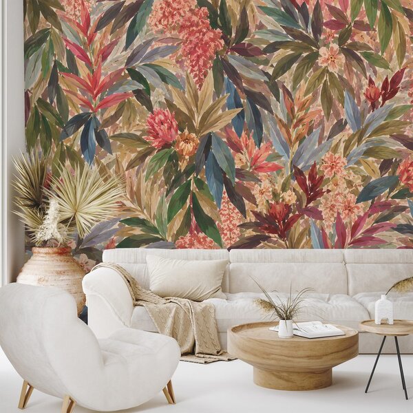Carta da parati – Fiori tropicali e foglie colorate