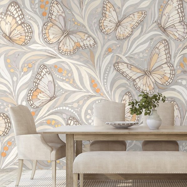 Carta da parati – Eleganti farfalle beige con foglie