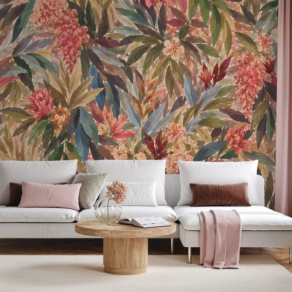 Carta da parati – Fiori tropicali e foglie colorate