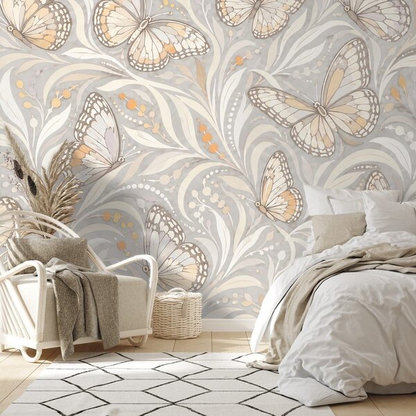 Carta da parati – Eleganti farfalle beige con foglie