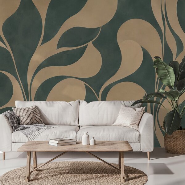 Carta da parati – Foglie beige astratte nel verde