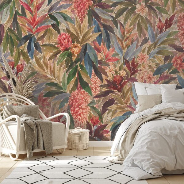 Carta da parati – Fiori tropicali e foglie colorate