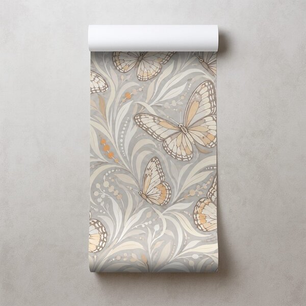 Carta da parati – Eleganti farfalle beige con foglie