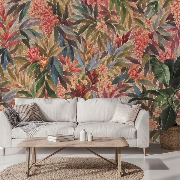 Carta da parati – Fiori tropicali e foglie colorate