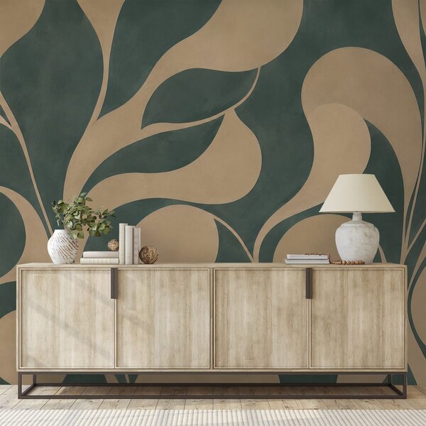 Carta da parati – Foglie beige astratte nel verde