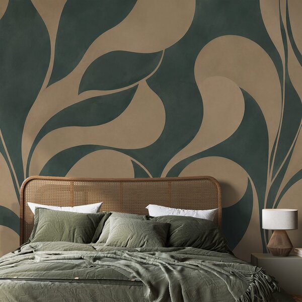 Carta da parati – Foglie beige astratte nel verde