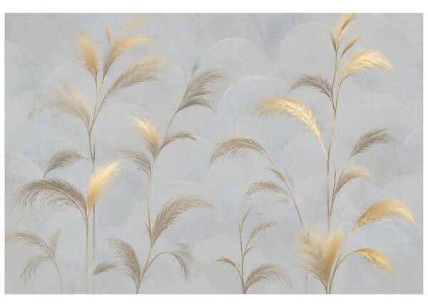 Carta da parati – Foglie di pampas dorate su grigio