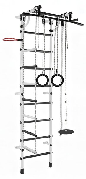 Spalliera per bambini: struttura da arrampicata da interno in metallo con scala di corda e ruote da ginnastica – Gamma Plus, nero