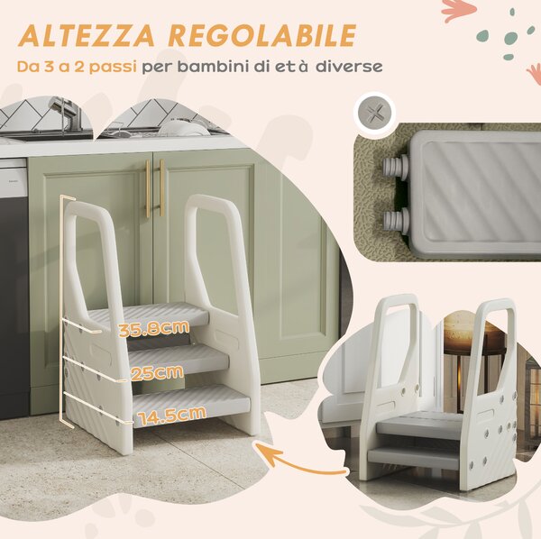 AIYAPLAY Scala Montessori per Bambini 2-5 Anni a 3 Gradini con L'altezza regolabile in HDPE, 43x42x65.5 cm, Grigio e Bianco Crema|Aosom Italy