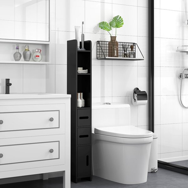 Mobiletto Bagno Salvaspazio con Mensole e Armadietti a 3 livelli, Alto Portaoggetti Indipendente a Colonna, in Legno 15x17x120cm, Nero| Aosom Italy