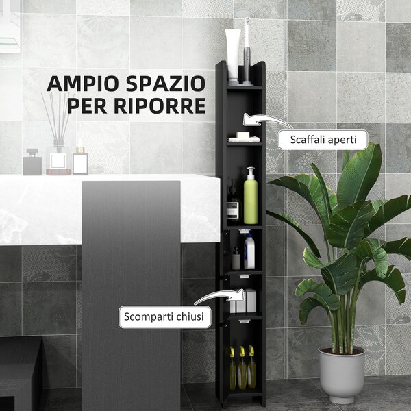 Mobiletto Bagno Salvaspazio con Mensole e Armadietti a 3 livelli, Alto Portaoggetti Indipendente a Colonna, in Legno 15x17x120cm, Nero| Aosom Italy