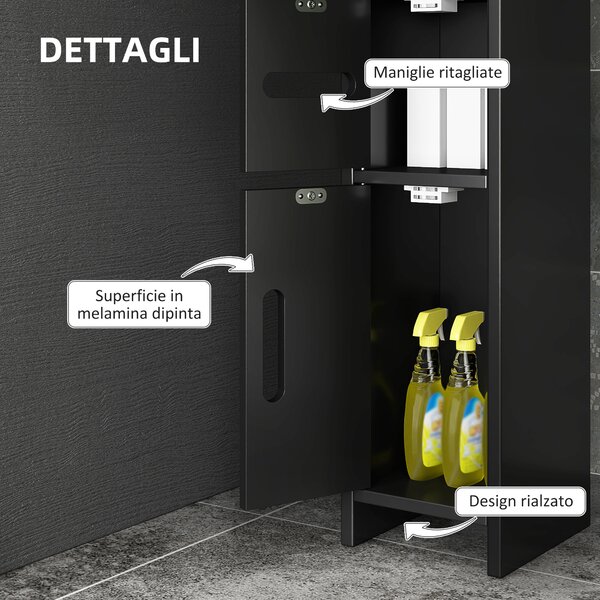 Mobiletto Bagno Salvaspazio con Mensole e Armadietti a 3 livelli, Alto Portaoggetti Indipendente a Colonna, in Legno 15x17x120cm, Nero| Aosom Italy