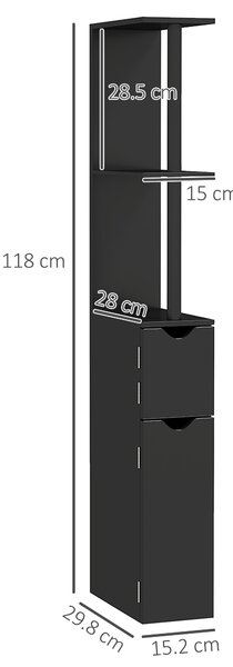 Kleankin Colonna Bagno con 2 Ripiani e 2 Armadietti, Mobile Alto Salvaspazio 15.2x29.8x118 cm, Nero
