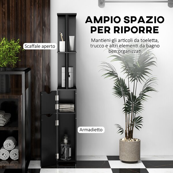 Kleankin Colonna Bagno con 2 Ripiani e 2 Armadietti, Mobile Alto Salvaspazio 15.2x29.8x118 cm, Nero