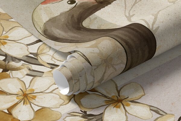 Carta da parati Una gru bianca in piedi su un ramo con fiori in fiore, su uno sfondo morbido e, Carta da parati Stile Orientale, w08159 : Uwalls.it
