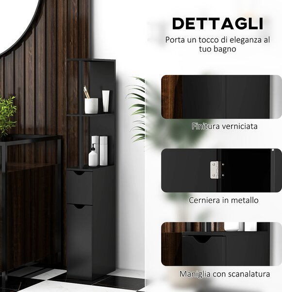 Kleankin Colonna Bagno con 2 Ripiani e 2 Armadietti, Mobile Alto Salvaspazio 15.2x29.8x118 cm, Nero