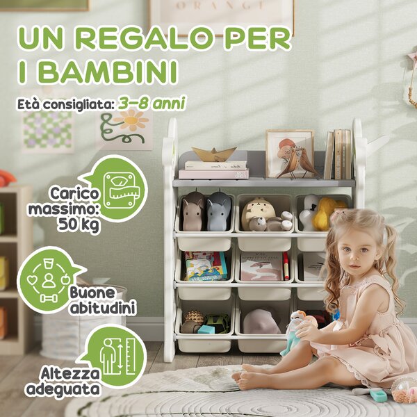 AIYAPLAY Scaffale Portagiochi a 4 Livelli con 9 Contenitori e Gancio Laterale, in HDPE, 77x42x94 cm, Bianco Crema