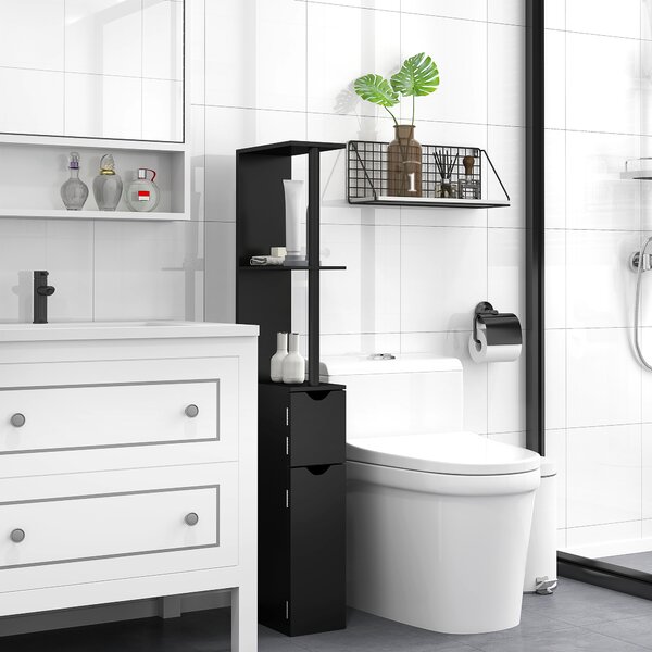 Kleankin Colonna Bagno con 2 Ripiani e 2 Armadietti, Mobile Alto Salvaspazio 15.2x29.8x118 cm, Nero