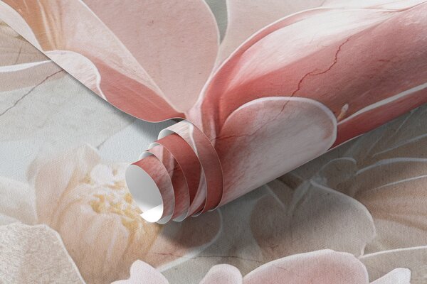 Carta da parati Delicati fiori di magnolia rosa che sbocciano su uno sfondo grigio floreale morbido e, Carta da parati Floreale, w08192 : Uwalls.it
