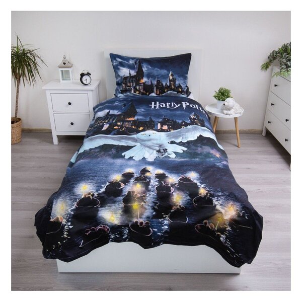 Set copripiumino e federa da bambini blu scuro/grigio in microfibra per letto singolo 140x200 cm Harry Potter "Hogwarts Night" – Jerry Fabrics