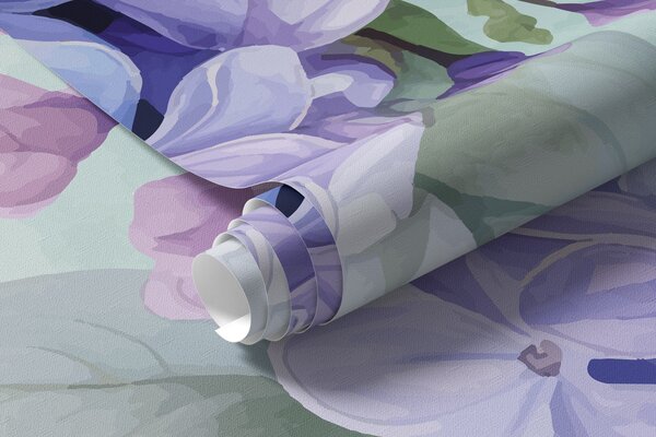 Carta da parati Fiori di ortensia viola vibranti con foglie verdi, che riempiono la cornice su uno, Carta da parati Acquerello, w08223 : Uwalls.it