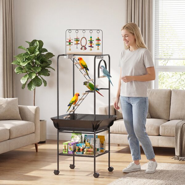 PawHut Parco Giochi per Uccelli con Ruote, Scale, Altalena, Protezione per Semi, Vassoio, Ciotole e Posatoi, 63x63x163 cm | Aosom Italy