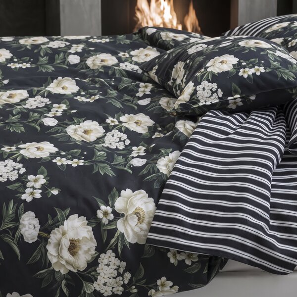 Completo Copripiumino MATRIMONIALE - 255X255 175X205 2 FEDERE 50X80 Nocturnal NERO Raso Di Cotone Caleffi