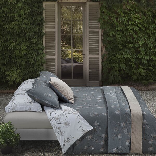Completo Copripiumino MATRIMONIALE - 255X255 175X205 2 FEDERE 50X80 Jap Ramage GRIGIO Raso Di Cotone Caleffi