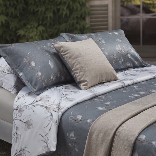 Completo Copripiumino MATRIMONIALE - 255X255 175X205 2 FEDERE 50X80 Jap Ramage GRIGIO Raso Di Cotone Caleffi