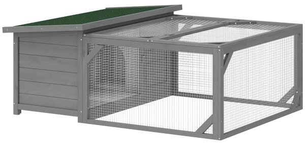 PawHut Gabbia per Conigli in Legno con Tetto Bituminoso Apribile, Recinto Esterno e Porte, 125,5x100x49 cm, Grigio | Aosom Italy