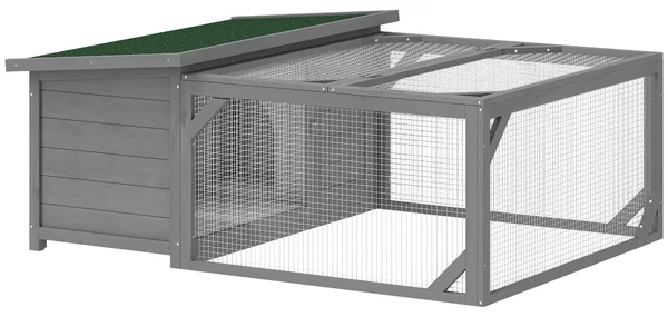 PawHut Gabbia per Conigli in Legno con Tetto Bituminoso Apribile, Recinto Esterno e Porte, 125,5x100x49 cm, Grigio | Aosom Italy