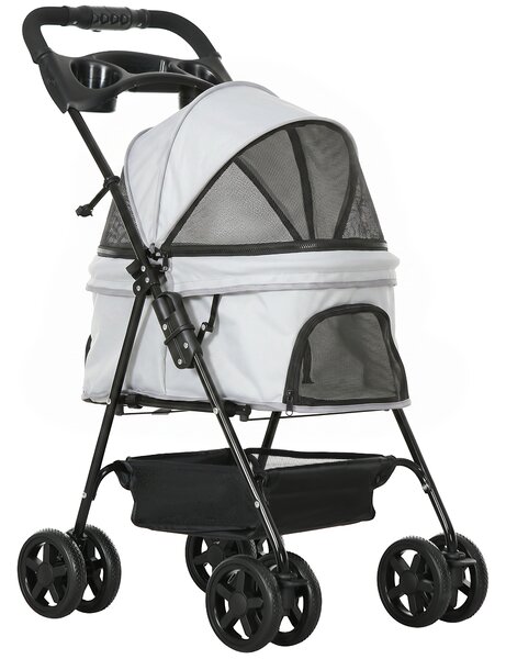 PawHut Carrello per Cani di Piccola Taglia con 4 Ruote, Freno, Cestino, Cappottina, Cinture di Sicurezza e Finestre, 67x45x96 cm, Grigio Chiaro | Aosom Italy