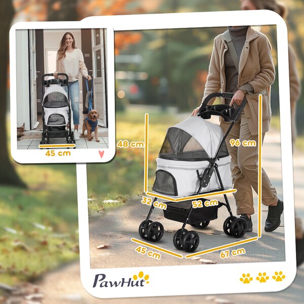 PawHut Carrello per Cani di Piccola Taglia con 4 Ruote, Freno, Cestino, Cappottina, Cinture di Sicurezza e Finestre, 67x45x96 cm, Grigio Chiaro | Aosom Italy