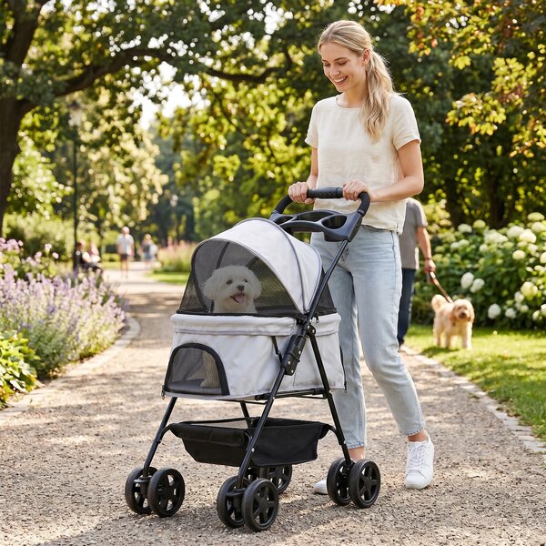 PawHut Carrello per Cani di Piccola Taglia con 4 Ruote, Freno, Cestino, Cappottina, Cinture di Sicurezza e Finestre, 67x45x96 cm, Grigio Chiaro | Aosom Italy