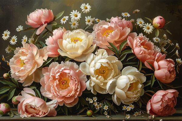 Carta da parati Bouquet di peonie, beige, rosa, Carta da parati Floreale, w01513 : Uwalls.it