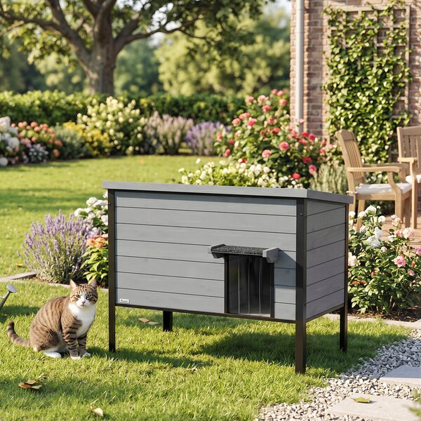 PawHut Cuccia Impermeabile con Tetto Apribile, Fondo Estraibile e Ingresso, per 1-2 Gatti fino a 12 kg, 85x55x70 cm, Grigio Chiaro | Aosom Italy