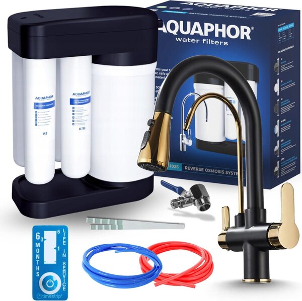 Miscelatore da cucina a 3 vie Nordic con sistema a osmosi inversa Morion 102S RO, bocca separata per l'acqua filtrata, doccetta estraibile, bocca girevole