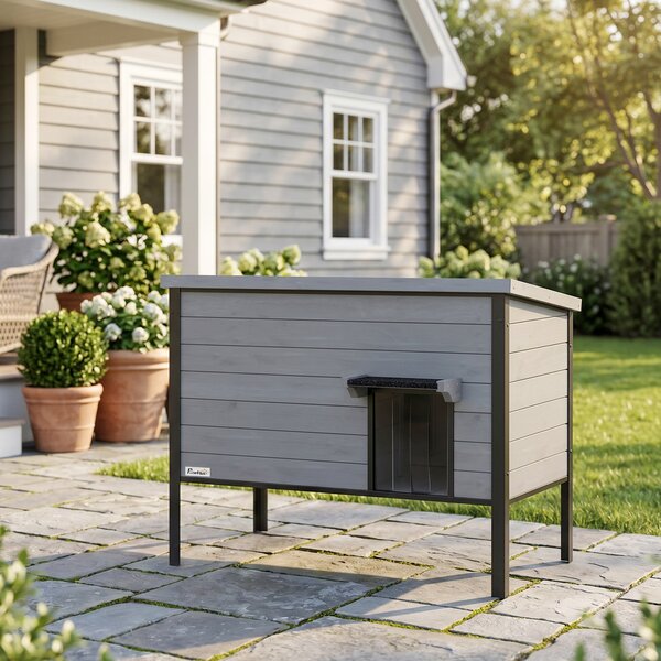 PawHut Cuccia Impermeabile con Tetto Apribile, Fondo Estraibile e Ingresso, per 1-2 Gatti fino a 12 kg, 85x55x70 cm, Grigio Chiaro | Aosom Italy