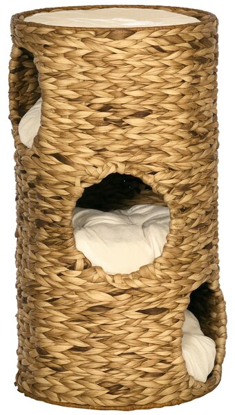 PawHut Torre Tiragraffi per Gatti con 3 Livelli, 3 Ingressi e Cuscino Incluso, Design Bohémien, 40x40x73 cm, Marrone Chiaro e Crema | Aosom Italy