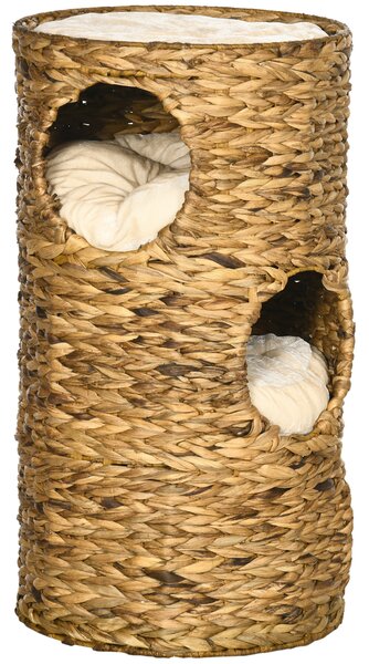 PawHut Torre Tiragraffi per Gatti con 3 Livelli, 3 Ingressi e Cuscino Incluso, Design Bohémien, 40x40x73 cm, Marrone Chiaro e Crema | Aosom Italy