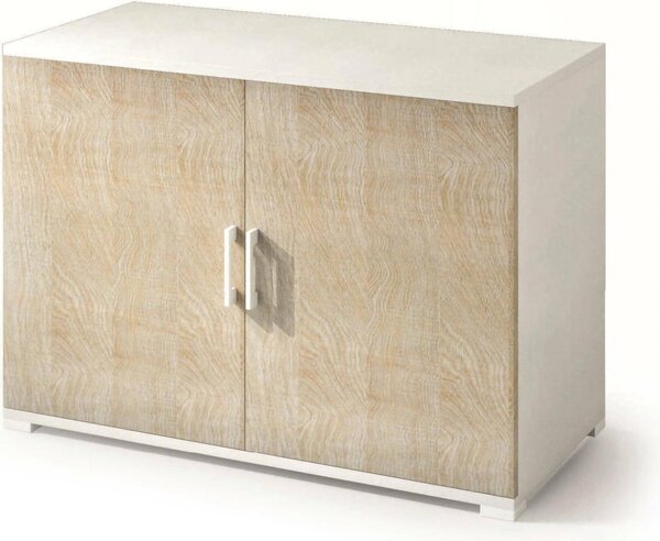 Mobile multiuso Bucaneve, mobile lineare a 2 ante battenti con ripiano, mobile da ingresso, scarpiera moderna, 100% Italia, 90x45h66 cm, rovere e bianco