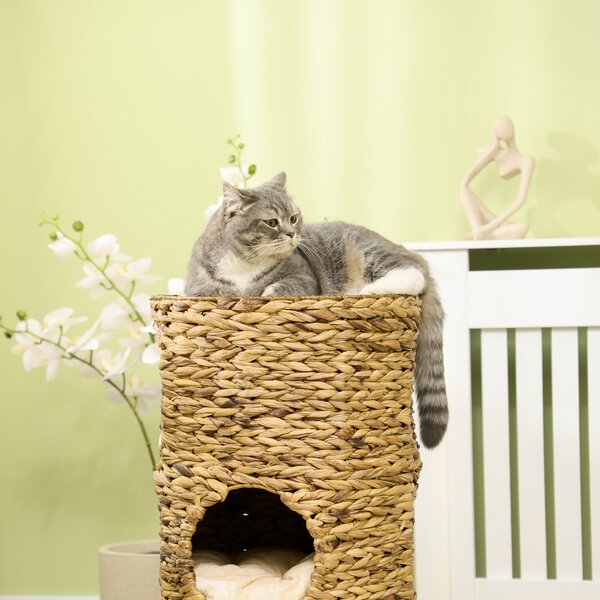 PawHut Torre Tiragraffi per Gatti con 3 Livelli, 3 Ingressi e Cuscino Incluso, Design Bohémien, 40x40x73 cm, Marrone Chiaro e Crema | Aosom Italy