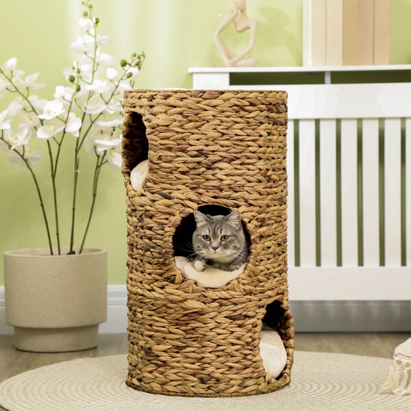 PawHut Torre Tiragraffi per Gatti con 3 Livelli, 3 Ingressi e Cuscino Incluso, Design Bohémien, 40x40x73 cm, Marrone Chiaro e Crema | Aosom Italy