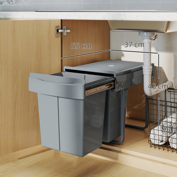 HOMCOM Pattumiera Estraibile Sottolavello per Differenziata con 2 Secchi da 20L, 52x33.5x41 cm, Grigio | Aosom Italy